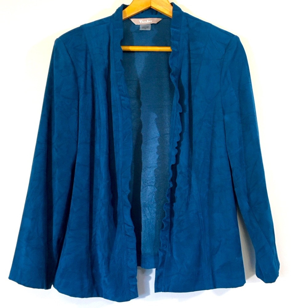 TanJay Moleskin Ruffle Trim Open Front Blazer Jacket